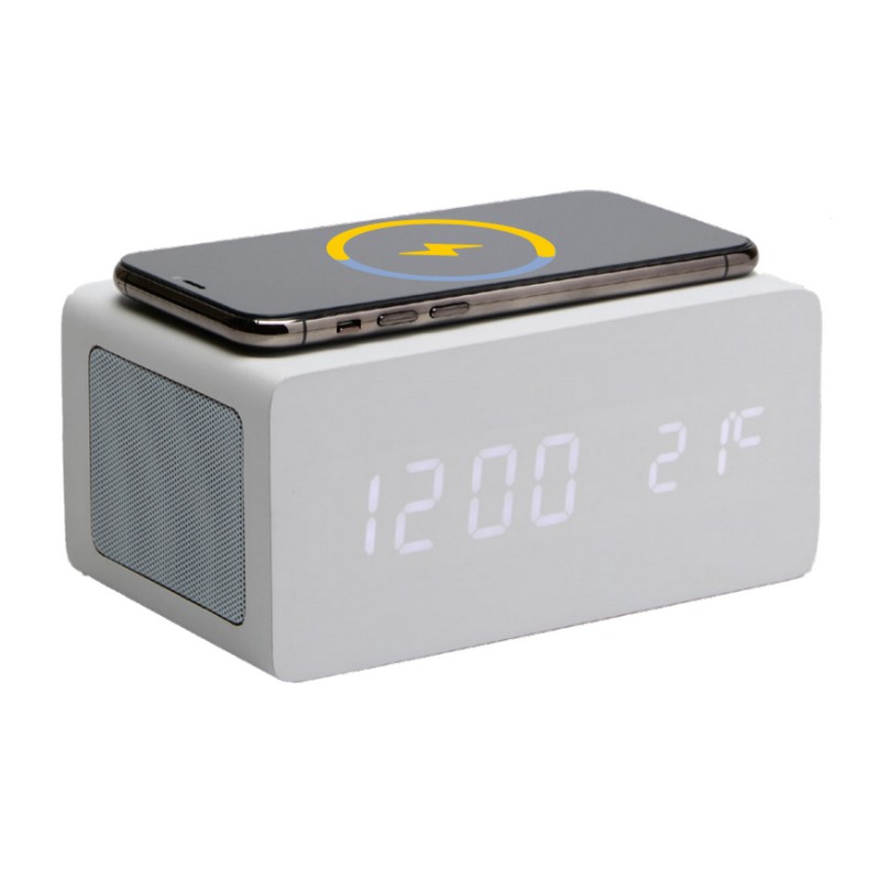 Orologio-sveglia digitale in legno bianco con display LED, temperatura, ricarica cellulare wireless e speaker bluetooth - funzionamento con cavo USB incluso
